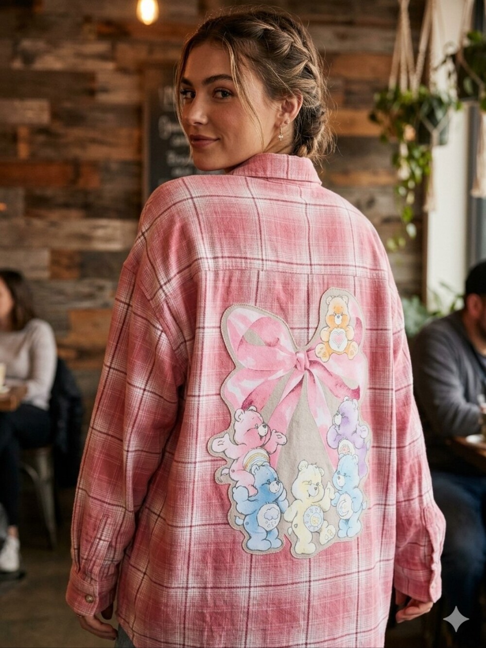 OOAK OLD NAVY Pink Plaid Tunic Length Flannel XXL with Carebears Graphic Applied